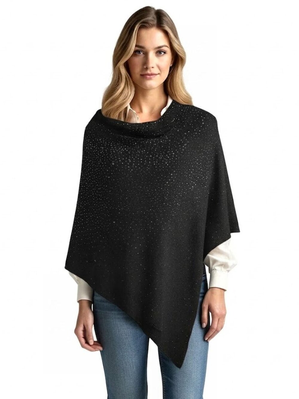 La Fiorentina Shimmering Asymmetric Embellished Poncho Sweater, Black, One Size